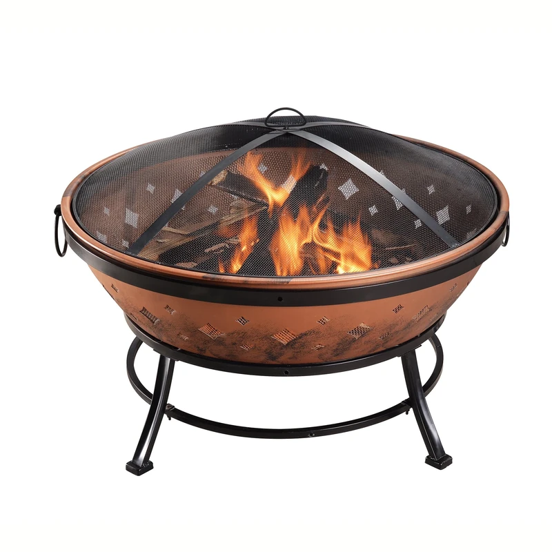 Teamson Home Large Round Wood Burning Fire Pit Steel Fire Pit, Outdoor Garden Patio Furniture, Firepit Heater, Log Burner Fire Bowl with Lid and Poker