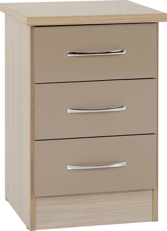 Seconique Nevada 3 Drawer Bedside in Oyster Gloss/Light Oak Effect Veneer