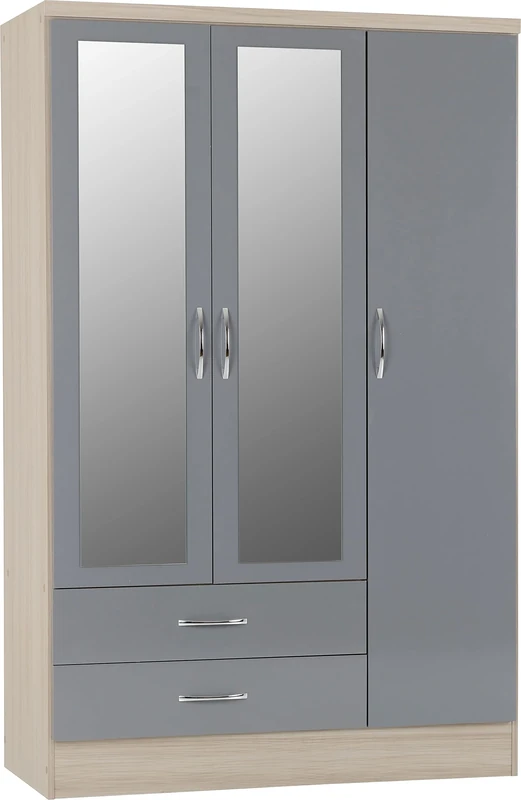 Seconique Nevada 3 Door 2 Drawer Wardrobe in Grey Gloss/Light Oak Effect Veneer
