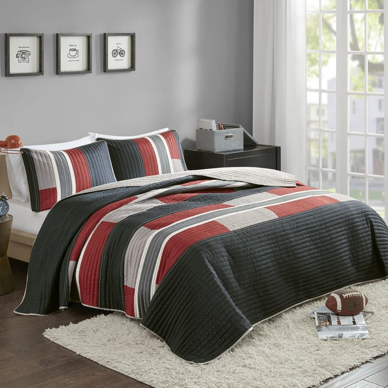 Comfort Spaces CS14-0864 3 Piece Quilt Coverlet Bedspread All Season Lightweight Hypoallergenic Pipeline Colorblock Kids Bedding Set, Full/Queen, Pierre Black/Red Stripe - Image 1