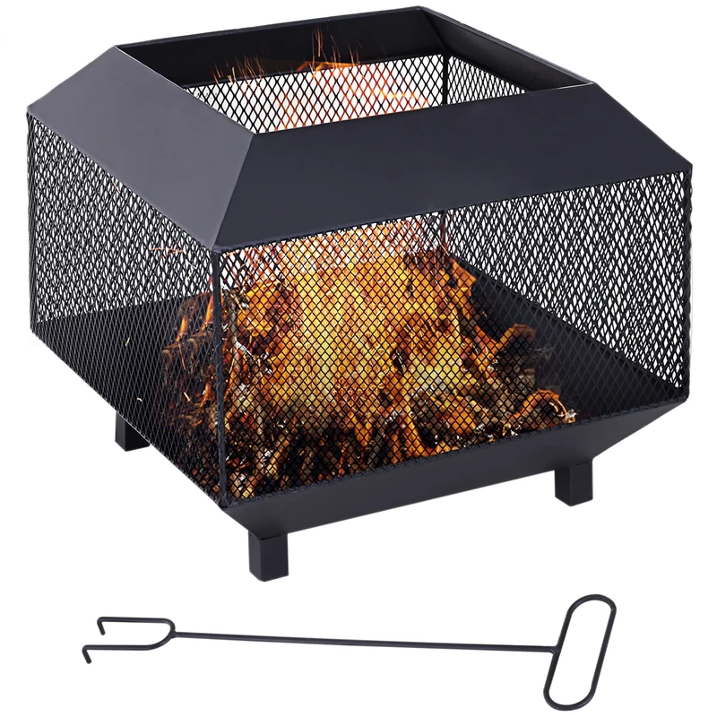 Outsunny Metal Square Fire Pit Outdoor Mesh Firepit Brazier w/Lid, Log Grate, Poker for Backyard, Camping, Bonfire, Wood Burning Stove, 44 x 44 x 40cm, Black