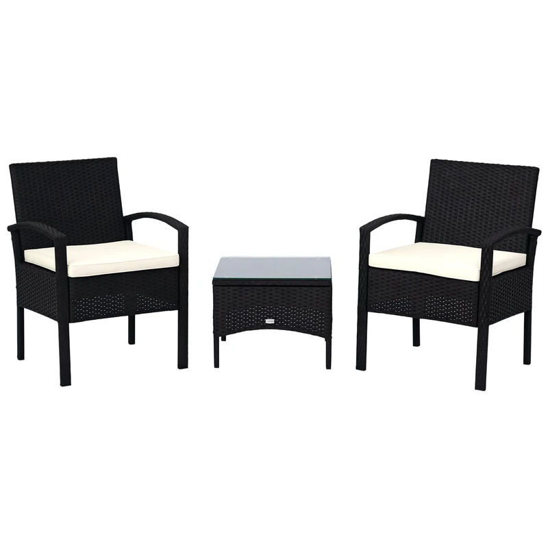 Outsunny 3 Pieces Rattan Bistro Set, Wicker Garden Furniture Set with Glass Top Coffee Table and Chairs, Washable Cushions for Outdoor, Patio, Balcony, Black