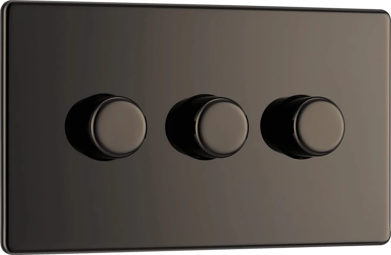 BG Electrical Intelligent Triple Wall Dimmer Switch, 2 Way, Screwless Front Plate, Premium Flatplate, Black Nickel, 200W, FBN83