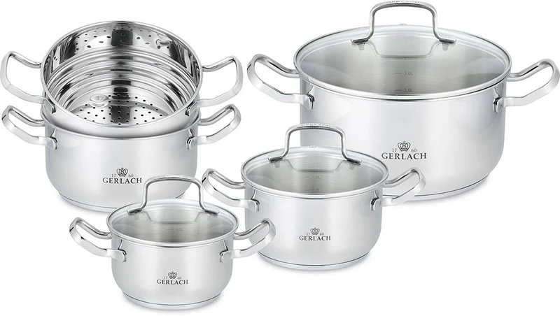 Gerlach 9 Set Simple Cooking Pot Set Stainless Steel 24 cm 9 Units, Silver