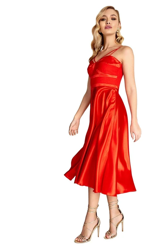 Little Mistress Women's Red Satin Midi Cocktail Plain V-Neck Sleeveless Party Dress, Orange (Burnt Orange), 6