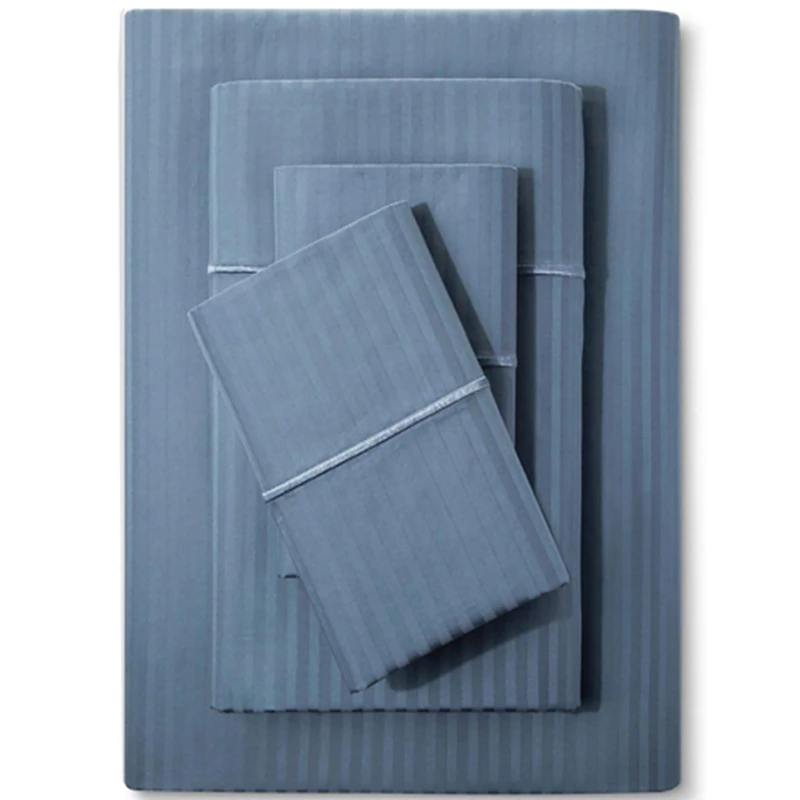 Feather & Stitch 500 TC California King Size Damask Bed Sheet Set, 100% Cotton Soft Breathable Bedsheets, 4 Piece 18" Deep Pockets Sateen Weave Striped Bedding Mattress Resort Hotel Luxury - (Blue)