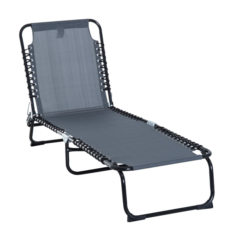Outsunny Folding Sun Lounger Beach Chaise Chair Garden Reclining Cot Camping Hiking Recliner with 3 Position Adjustable Back - Grey - Image 1