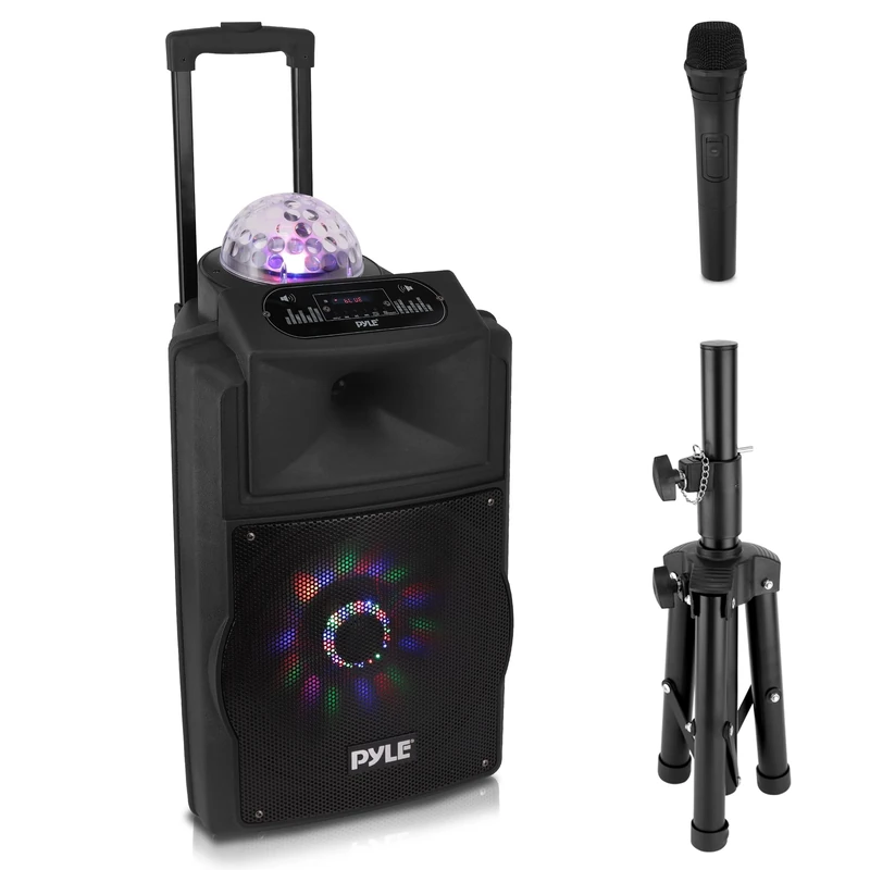 Pyle Portable PA System 30cm, 700W Bluetooth Party Speaker, Rechargeable DJ Sound System with Disco LED Lights, Wireless Microphone, USB/SD/Radio, Recording Mode, Battery Powered Speaker