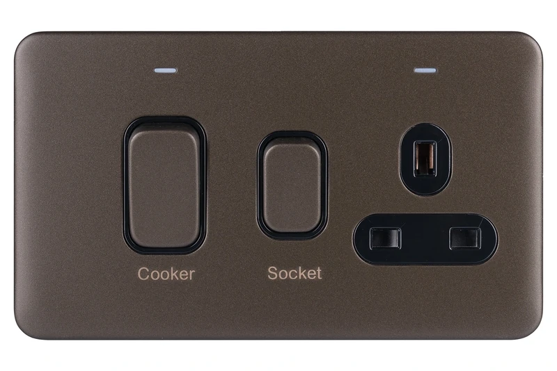 Schneider Electric Lisse Screwless Deco - Switched Cooker Control Unit with 13 A Single Socket and Neon Indicator, 45 A, GGBL4001BMB, Mocha Bronze with Black Insert