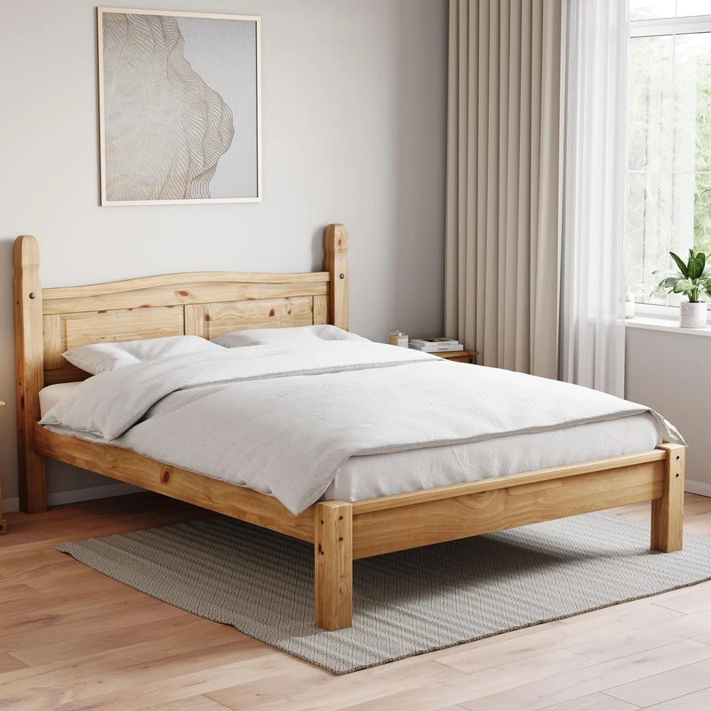 Vida Designs - Corona Double Bed, 4 ft 6, Low Foot End Bed Frame, Solid Pine Wood, Beige, 110 x 149 x 207 cm