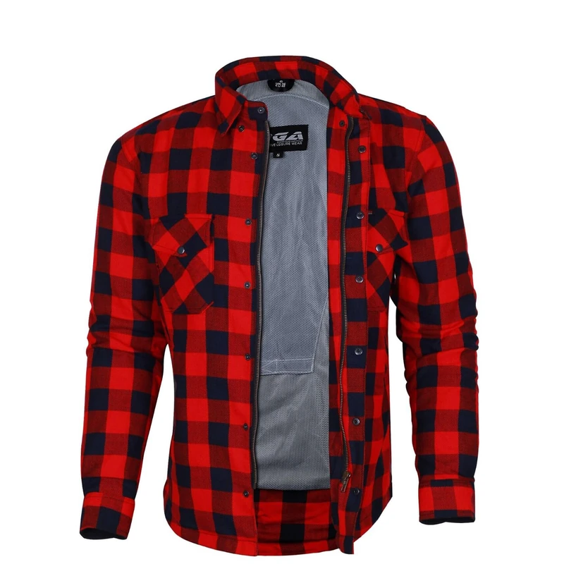 Bikers Gear Australia Motorcycle Kevlar Aramid Lined Protective Flannel Shirt, Red/Black with CE 1621-1 Removable Armour Size XL