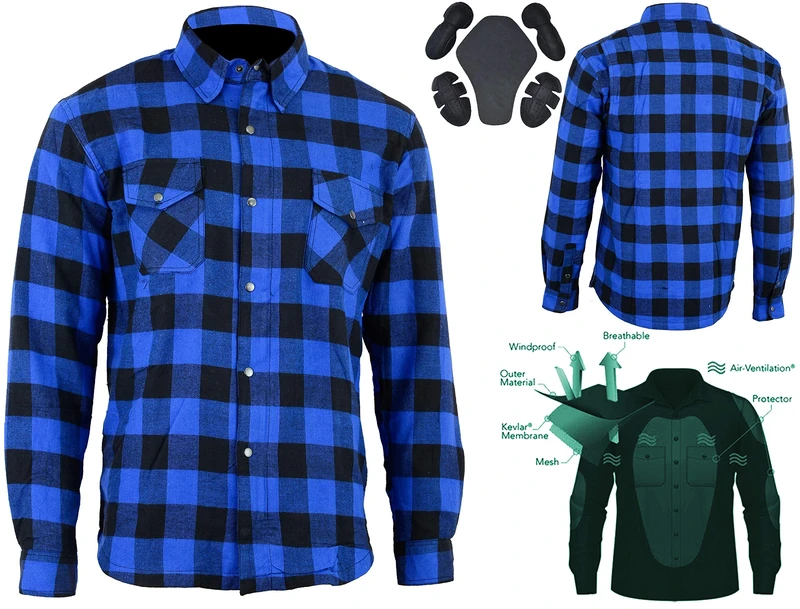 Bikers Gear Australia Unisex Ks3004-l Motorcycle Kevlar Aramid Lined Protective Flannel Shirt Blue Black, Blue/ Black, L UK