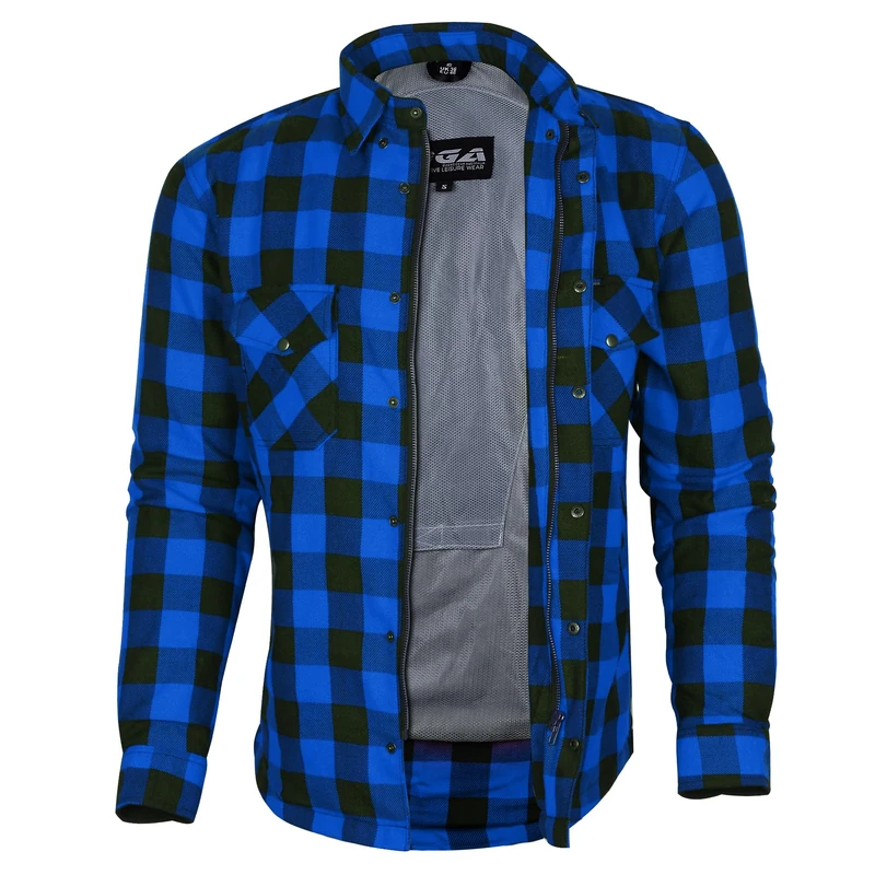 Bikers Gear Australia Motorcycle Kevlar Aramid Lined Protective Flannel Shirt, Blue/Black with CE 1621-1 Removable Armour Size XL