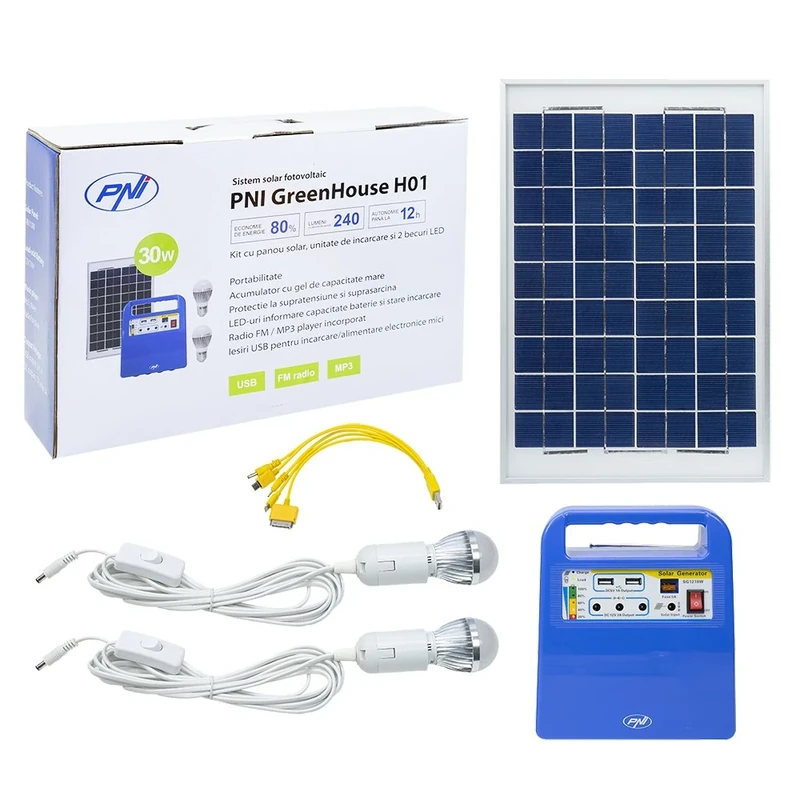 Solar Panel Portable Solar Powered System Power Generator PNI GreenHouse H01 30W with 12V / 7Ah battery, USB/Radio / MP3, 2 LED bulbs