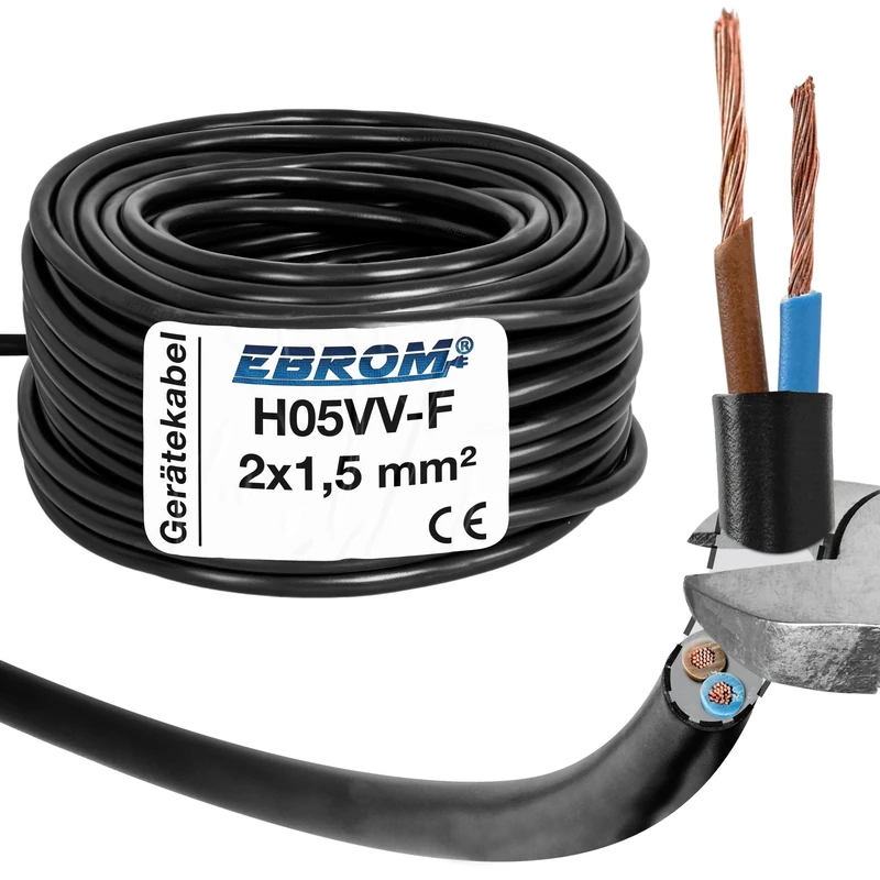 EBROM Plastic hose line, round, cable, power cable, device cable H05VV-F 2 x 1.5 mm², colour: black, many lengths in 5 metre increments up to 200 metres, 2 x 1.5 mm², your cable length: 10 m