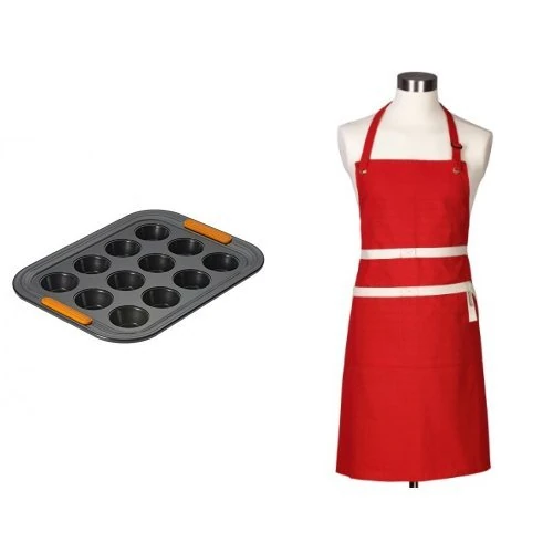 Le Creuset Toughened Non-Stick Bakeware 12 Cup Mini Muffin Tray with Textiles Chefs Apron, Red