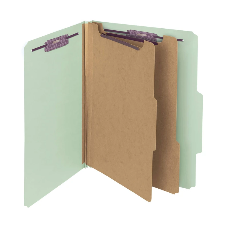Smead Pressboard Classification File Folder with SafeSHIELD® Fasteners, 2 Dividers, 2" Expansion, Letter Size, Gray/Green, 20 per Box (14074)