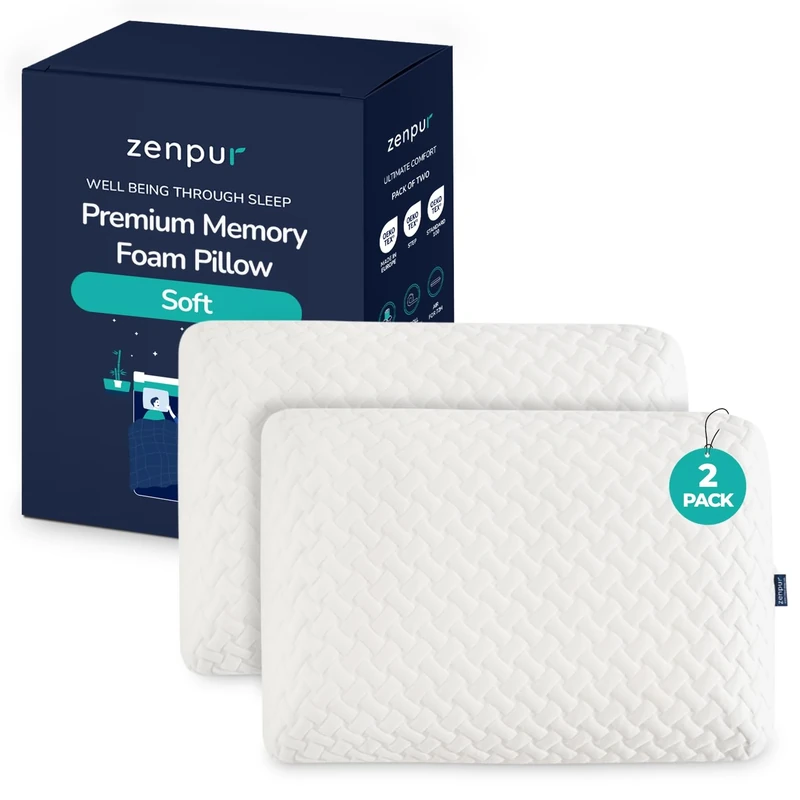 ZenPur Memory Foam Pillow, Orthopedic Pillow for Neck Support, EU Made, Soft version, 2-Pack, Comfortable Side Sleeper with Bamboo Cover for Neck Pain, Spine Alignment