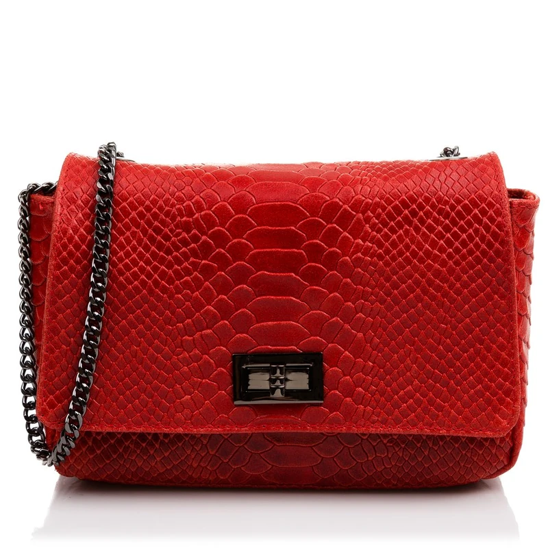 FIRENZE ARTEGIANI.Women's Handbag Genuine Leather Engraved Snake Lacquered Handbag Shoulder Bag Made in Italy Vera Italian Leather 22 x 14 x 8 cm Red