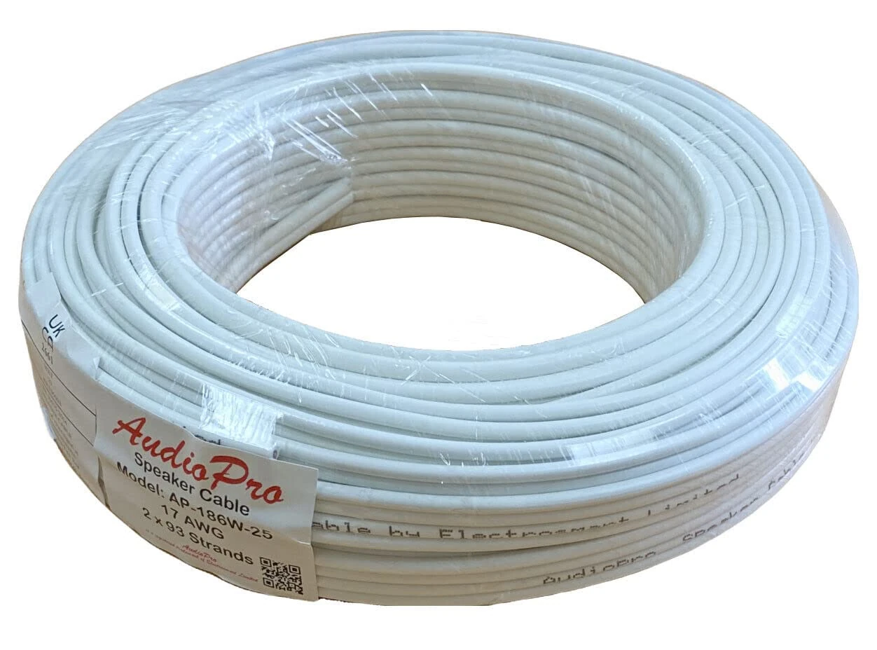 AudioPro Loud Speaker Cable – 2 x 17AWG / 2x 93 Multi-Strand –for Home Audio Hi-Fi Surround Sound etc – White – 25m (25m, White)