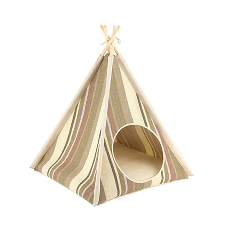 P.L.A.Y. Seacoast Teepee Tent for Dogs & Cats – Indoor Pet Bed with Pine Wood Poles, Removable Cushion, Non-Toxic Zipper – Eco-Friendly, Washable, Stylish Coastal Design – One Size