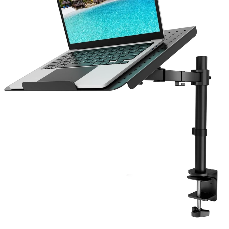 WALI Laptop Desk Mount with Tray, Fully Adjustable Laptop Arm up to 17 Inch, Laptops Mount with Vented Cooling, Dual Mounting Options, Black (M00LP)
