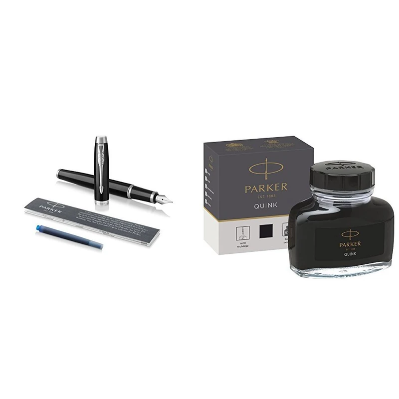 Parker IM Fountain Pen, Black Lacquer Chrome Trim, Medium Nib with Blue Ink Refill, Gift Box and Liquid Bottled Quink Ink in a Box, 57 ml, Black