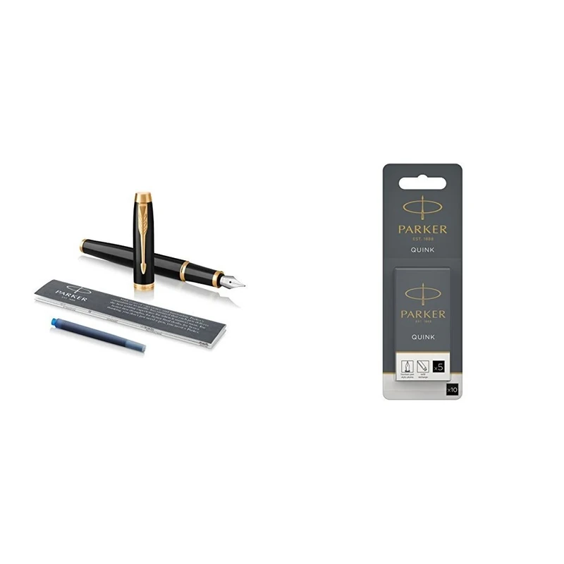 Parker IM Fountain Pen, Black Lacquer Gold Finish Trim, Medium Nib with Blue Ink Refill, Gift Box and Quink Fountain Pen Refills, Long Cartridges, Black Ink, Pack of 10