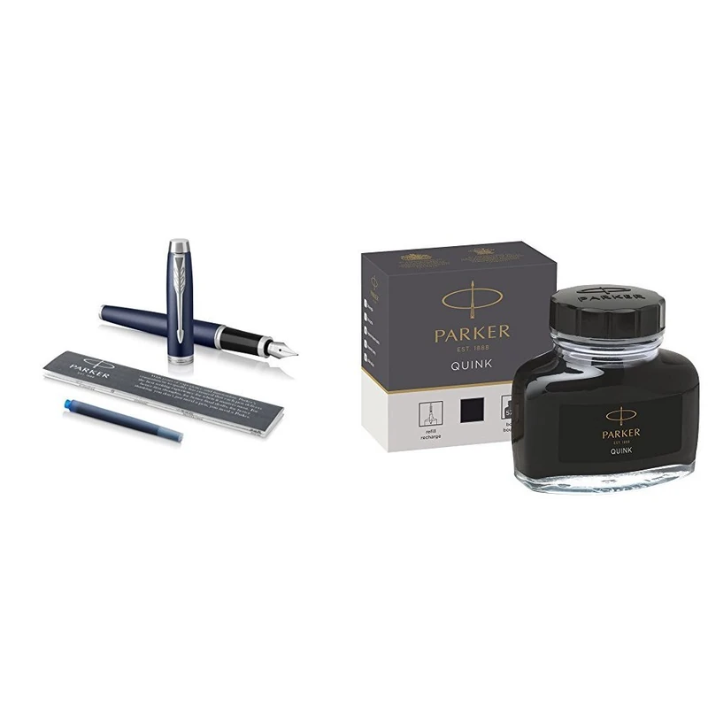 Parker IM Fountain Pen, Matte Blue, Medium Nib with Blue Ink Refill, Gift Box and Liquid Bottled Quink Ink in a Box, 57 ml, Black