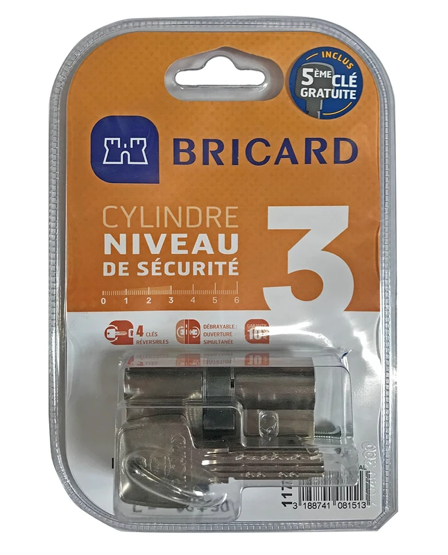 Bricard 11734 Astril 2.9 5 Keys Release Cylinder Made Brass, 10 Pistons, 2 inputs, Protection Against Drilling and Picking. Personal Card, Nickel-Plated Steel, 70 = 30+40 - Image 1