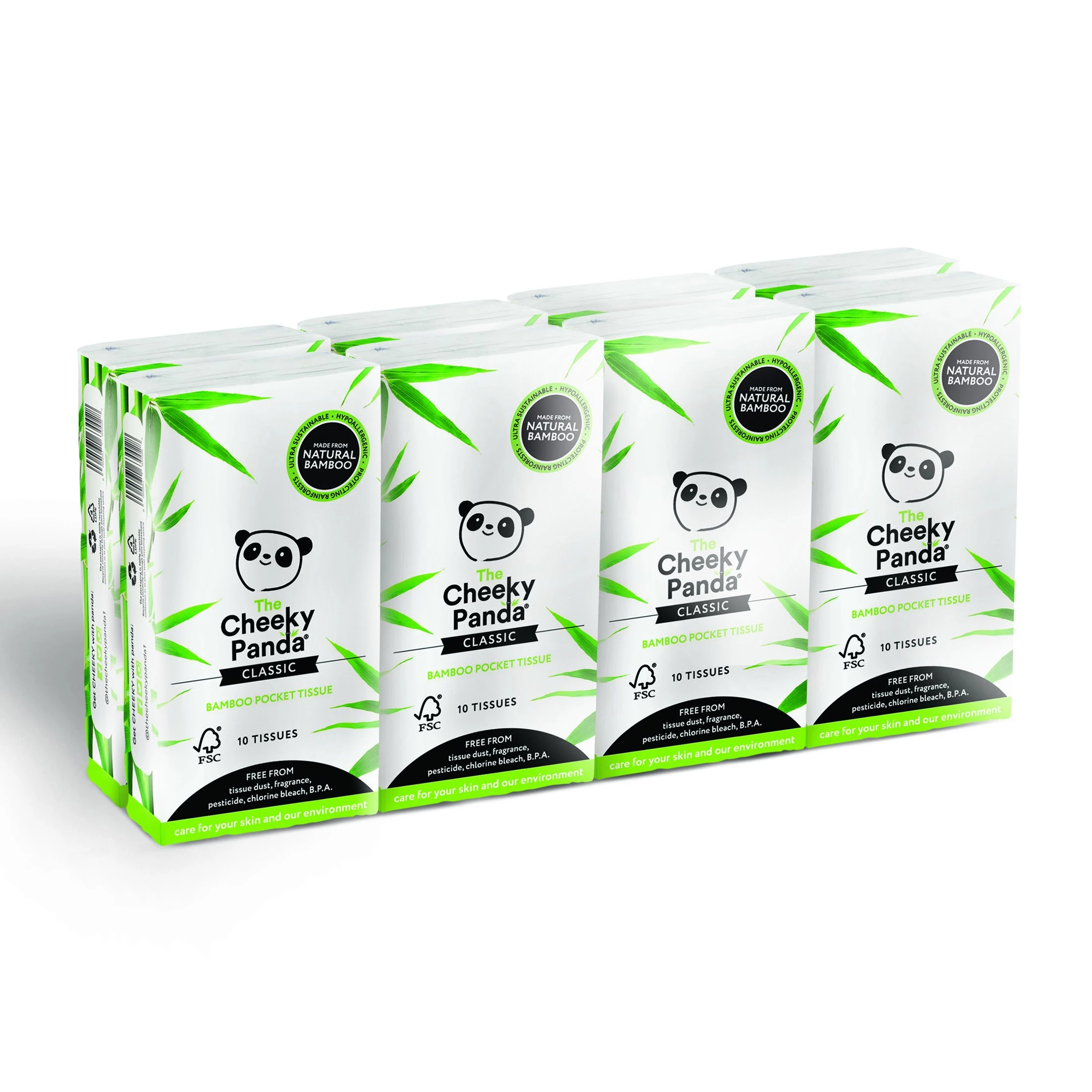 The Cheeky Panda Bamboo Pocket Tissues, 8 Pack of 10 Hypoallergenic Tissues, Ultra Soft, 3-Ply, White, Travel Size