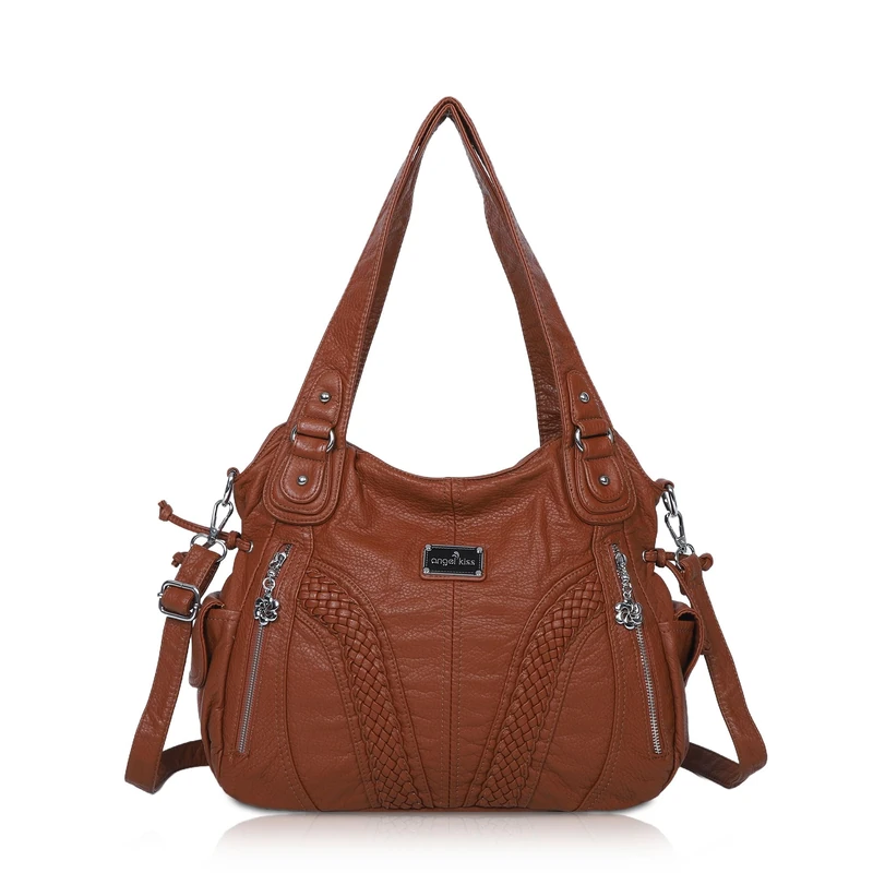 Angel Kiss Purses and Handbags Women Fashion Tote Bag Shoulder Bags Top Handle Satchel Purses Washed Synthetic Leather Handbag, 1-d.brown, 13.8 * 4.7 * 11.8 inches