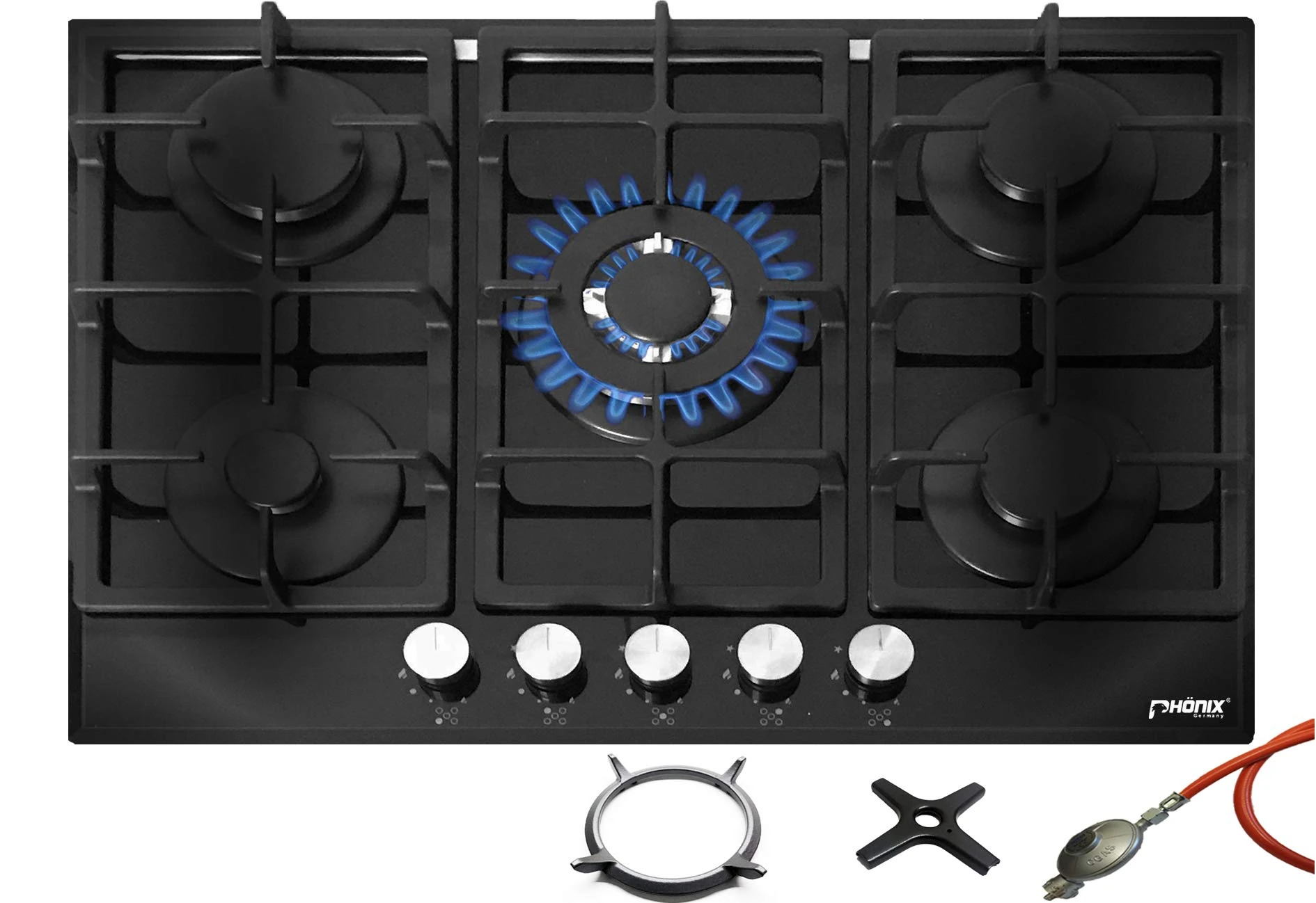 Phoenix PG-701T 70 cm Built-in Gas Hob, Glass, 5 Standalone Cooking Plates