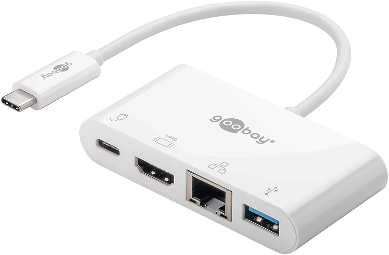 Goobay 62105 USB-C Multiport Adapter, HDMI + Ethernet, PD, White - Image 1