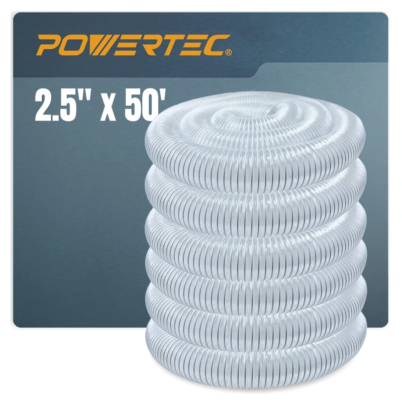 POWERTEC 2-1/2-Inch Foot, Clear Color 70240 Dust Collection (2-1/2 Inch x 50 Feet) | Flexible Vue Heavy Duty PVC Hose, 2.5'' x 50'
