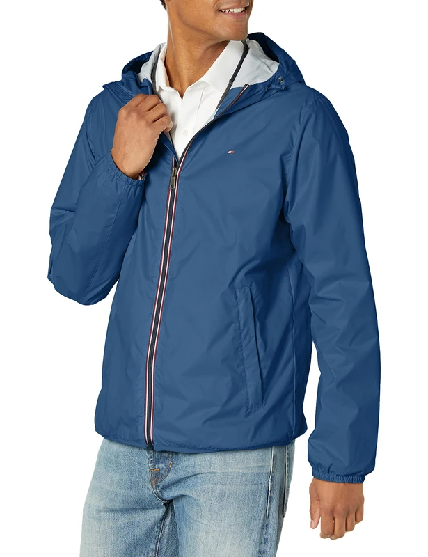 Tommy Hilfiger Men's Lightweight Active Water Resistant Hooded Rain Jacket, Nautical Blue, S