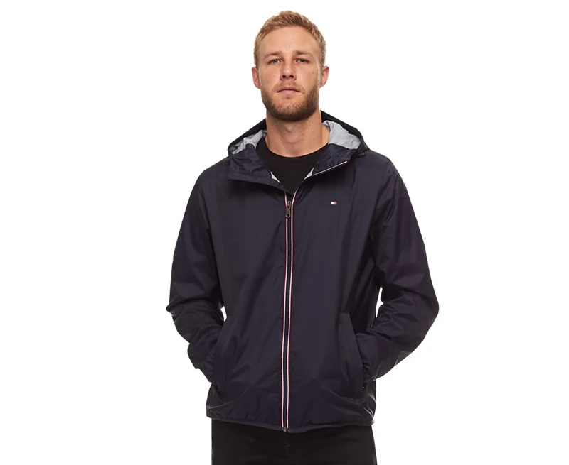 Tommy Hilfiger Men's Lightweight Active Water Resistant Hooded Rain Jacket, Navy, XXL