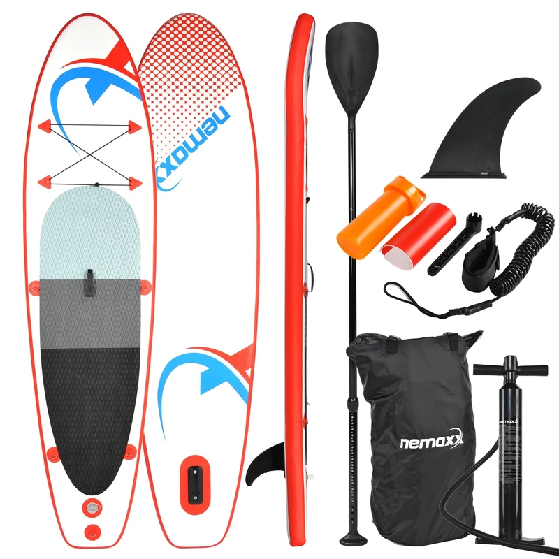 Nemaxx Stand up Paddle Board, red/blue - SUP, surfboard inflatable & easy to carry - incl. travelbag, paddle, fin, air pump, repair kit, foot leash