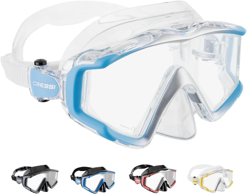 CRESSI Liberty Triside Snorkel Mask - Panoramic 3 Glass Snorkelling & Diving Mask - One Size, Unisex Adult - Clear/Blue Silver