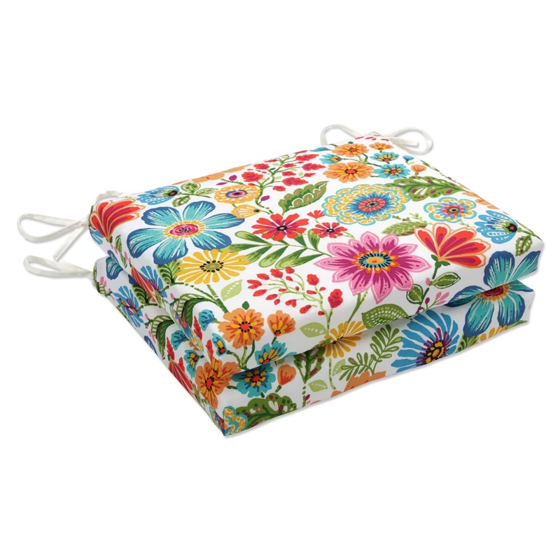 Pillow Perfect Bright Floral Indoor/Outdoor Square Corner Chair Seat Cushion with Ties, Plush Fiber Fill, Weather, and Fade Resistant, 16" x 18.5", Blue/Purple Gregoire, 2 Count