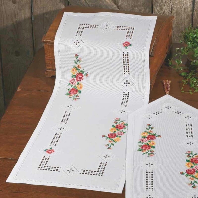 Permin Hardanger Table Runner Embroidery Kit Hardanger with Roses