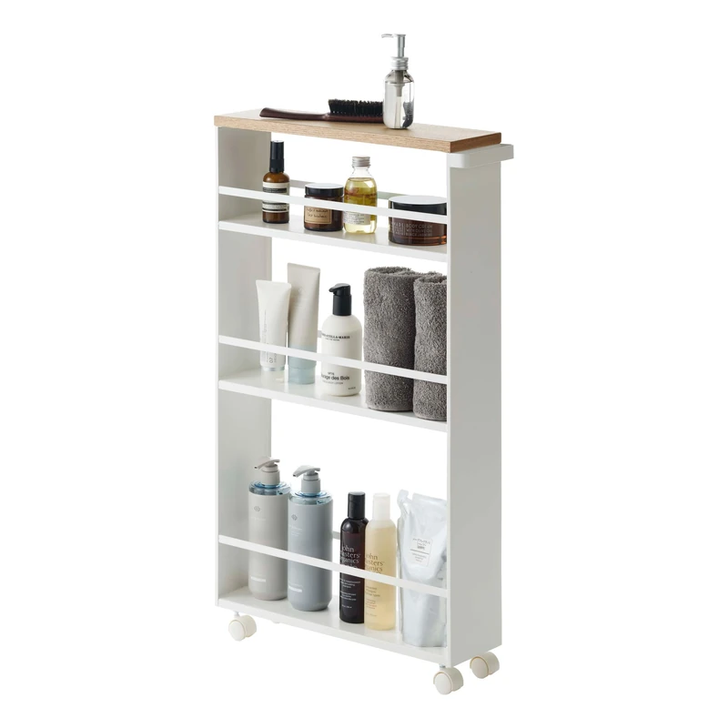 Yamazaki 3627 TOWER Slim Trolley with Grip, white, Steel/Wood, Minimalist, 13 x 47.5 x 80.5 cm