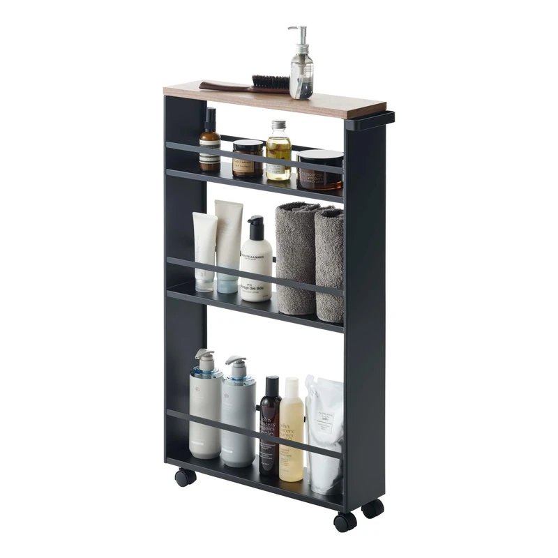 Yamazaki 3628 TOWER Slim Trolley with Grip, black, Steel/Wood, Minimalist, 13 x 47.5 x 80.5 cm