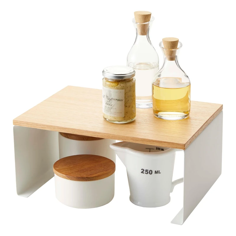 YAMAZAKI 3923 TOSCA Stackable Kitchen Rack with Wooden Top, white, Steel/Wood, Minimalist, 30.5 x 22 x 14.5 cm