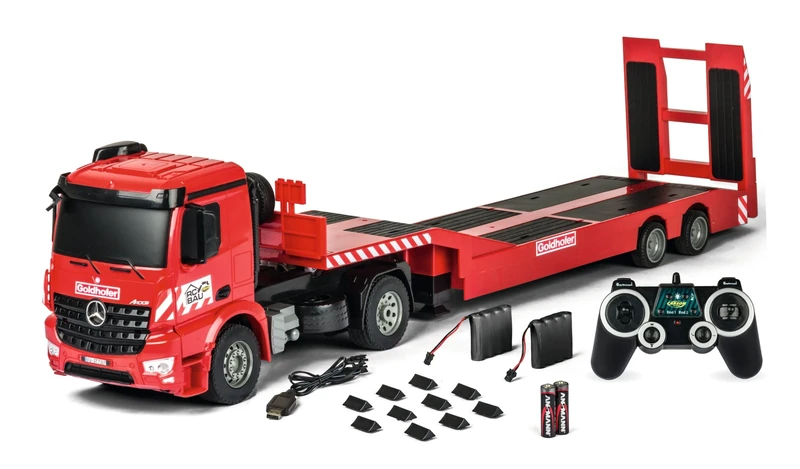 Carson 1:20 Mercedes-Benz Arocs Goldhofer 2.4G 100% RTR Remote Controlled Vehicle Construction Vehicle with Functions Light and Sound, Includes Batteries and Remote Control, Red