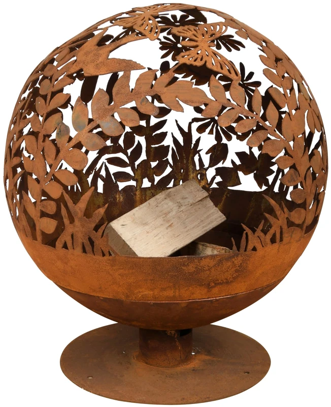 Esschert Design FF294 Fallen Fruits Oxidised Woodland Globe Speher, Fire Pit Basket Bowl Cast Iron (Basket Bowl 'Flowers'), Ochre, Ø 57 cm