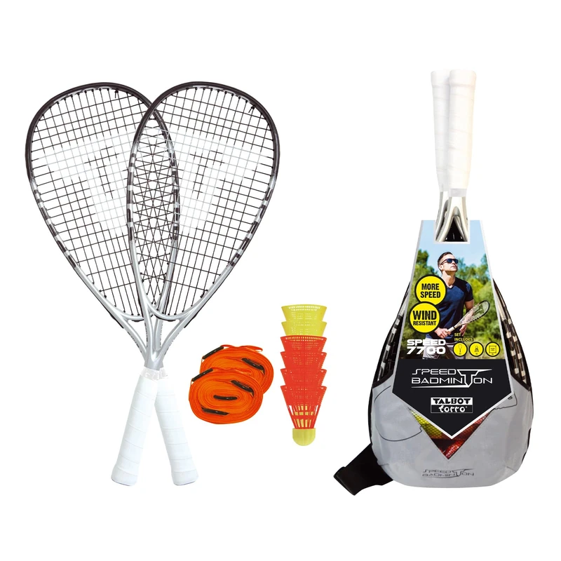 Talbot-Torro Speed 7700 Speedbadminton Premium Set, High Quality, 2 Graphite Rackets of 58.5 cm, 6 Wind Resistant Shuttlecocks, Complete System to Mark the Field, in a Modern Backpack, 490117