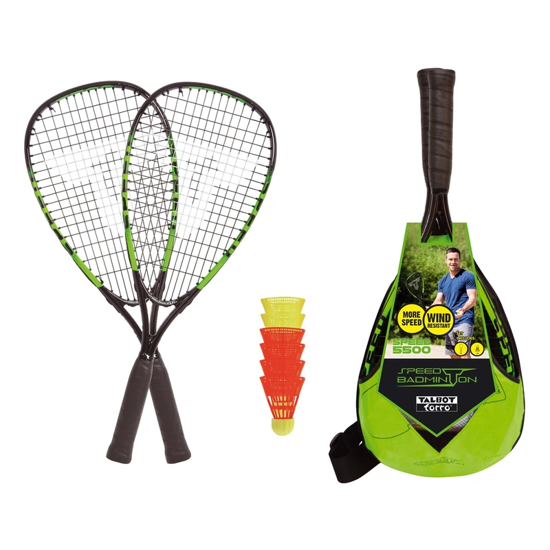 Talbot-Torro Speed 5500 Speedbadminton Set, 2 x 56.5 cm Aluminum Rackets, 6 Wind-Resistant Shuttlecocks, in a Modern Backpack, Green/Black, 490115