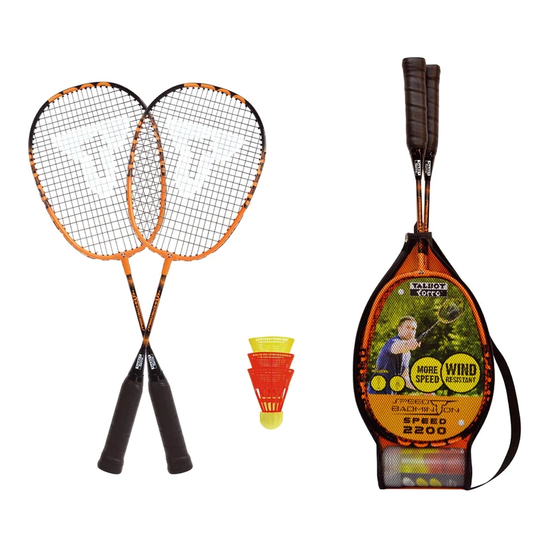 Talbot-Torro Speed 2200 Speed Badminton Set, 2 Lightweight Rackets, 2 Wind Resistant Shuttlecocks, in a 3/4 Bag, Also for Kids, Black/Orange, 490112