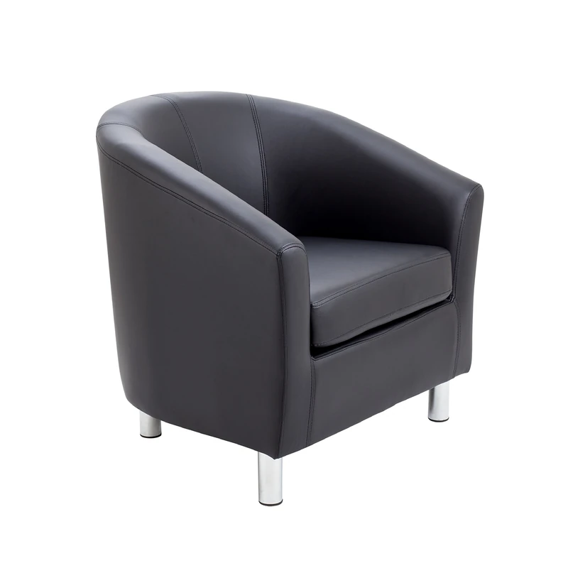 Office Hippo Tub Armchair with Silver Legs, Faux Leather, Black, 71 x 77 x 75 cm